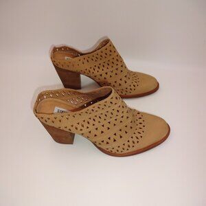 Womens Steve Madden Harmony Tan Leather Mules 8M 8 Cutouts Block Heels Shoes